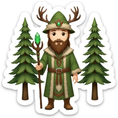 full body man long brown hair brown eyes medium beard white skin wearing stag hat and forest druid robes open chest sticker