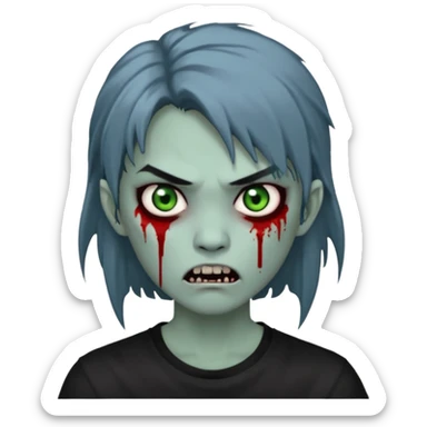3D emoji-style avatar with very pale blue-grey zombie skin, dark brown hair, a young Asian face, and large green eyes with blood tears. Give it white litle bit messy mullet hair style , silver hoop earrings, and a plain black T-shirt. The face expression should be slightly angry, with vampire fang sticker