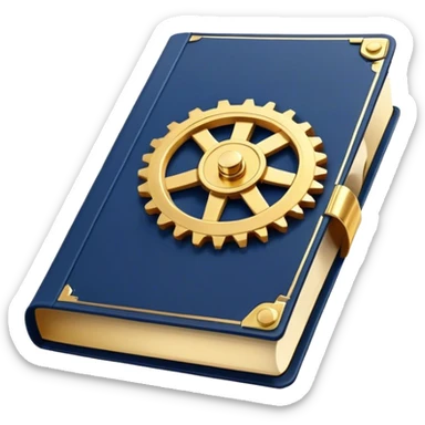 Un libro azul navy con detalles dorados, bordes metálicos y un gear dorado con una tabla ascendente como productividad en la portada, estrategia y éxito en movimiento (book of productivity) sticker