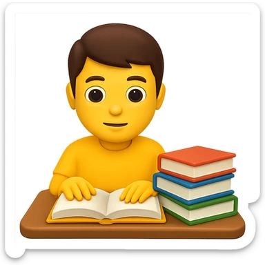 Edit the image to depict a student working with books at a desk with a stack of books on the desk in the style of apple emojis. Maintain the apple emoji style and add a stack of books on the desk clearly visible. sticker