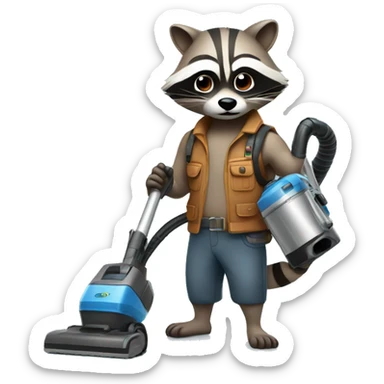 a raccoon with a vacuum cleaner in his hands sticker