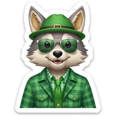friendly anthropomorphised wolf in green plaid shirt and green attire for St. Patrick's Day, wearing dark sunglasses, festive pose sticker