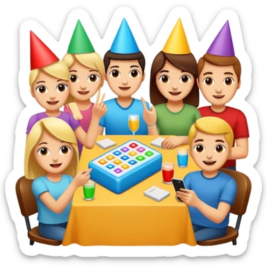 Party quiz with happy people no phone writing blocks empty eyes sticker