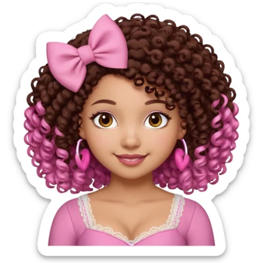 medium-light kinned afro-latina girl with medium length chocolate brown side part curly hair, brown eyes, pink sweetheart necklined top with lace, round wide-ish nose, chubby long shaped face, pink hair bow sticker