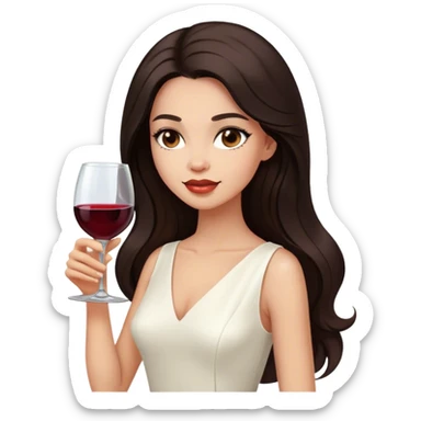 Beautiful woman in 1965’s woman fashion look, white dress, long dark brown hair, wine, sticker