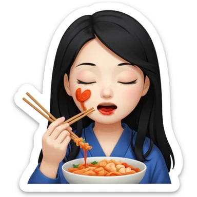 Girl with black long hair eat kimchi close eyes chopstick sticker
