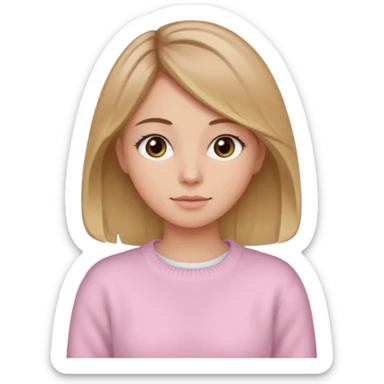 Crea una chica güerita con pelo café claro y raíces güeras, ojos rasgados cafés oscuros, suéter o camisa rosa claro sticker