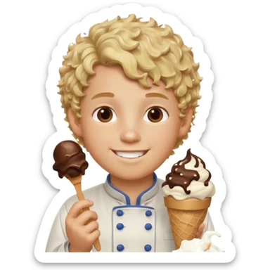 boy blonde curly hair, chef, eating chocolate ice cream sticker