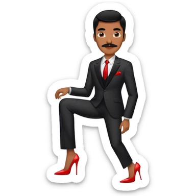 Man in a black suit suit and red strappy high heels with black hair and black mustache and brown skin sticker