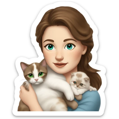 white woman with medium-length brown hair, green eyes and brown freckles on the face under the eyes, holding her sacre de birmanie kitten in her arms with much love, the baby cat has blue eyes, a lot of dark areas on ears and middle of the face. blue eyes sticker