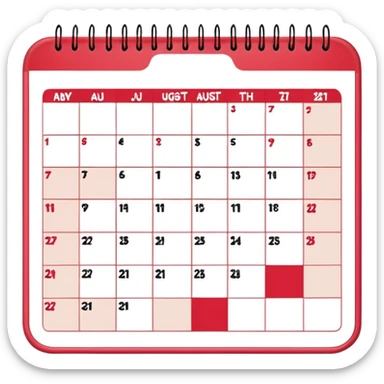 a monthly calendar labeled “August,” with rounded square date boxes, scalloped border frame, playful red doodle lines, and a cozy planner vibe. Minimal kawaii style, flat pastel color palette, slightly imperfect sketch lines, centered object, no background sticker