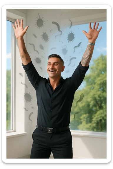 a man stands in uno studio clinico, arms raised in relief and joy, while faint, shadowy silhouettes of parasites fall away from his body and dissolve into the air. His posture is upright and energetic, his expression serene and healthy. The background features green trees and a clear sky, emphasizing liberation and restored well-being. sticker