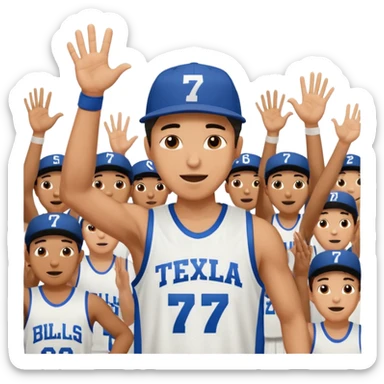 Maverick Trevillian in the crowd at an amateur basketball game. He leans towards the camera and enthusiastically shouts "six seven while performing a distinctive hand gesture: both hands open, palms facing upward, moving up and down as if weighing two options. sticker