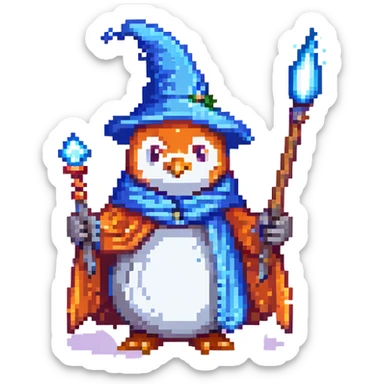 pixel art penguin wizard holding a wand, with a blue cloak and magical effects sticker