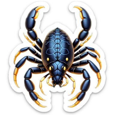 Cinematic Cute Emperor Scorpion Portrait Emoji, Head tilted playfully and inquisitively, with a compact, rugged build and a sleek, dark exoskeleton highlighted by delicate, intricate patterns and round, sparkling eyes full of curious defiance, Simplified yet irresistibly adorable features, highly detailed, glowing with a warm, friendly glow, high shine, affectionate and quirky, stylized with a touch of desert whimsy, soft glowing outline, capturing the essence of a mischievous yet endearing scorpion that feels like it could pinch its way out of the screen into your arms! sticker
