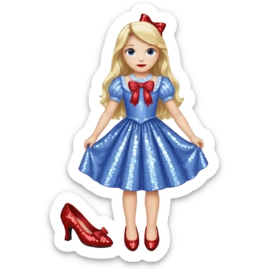 Dorothy Gale from Oz with long blonde hair, periwinkle sequin outfit, red bow sticker
