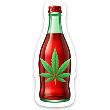 Classic Coca-Cola shaped glass bottle with curved contours, red color, with a cannabis leaf sticker