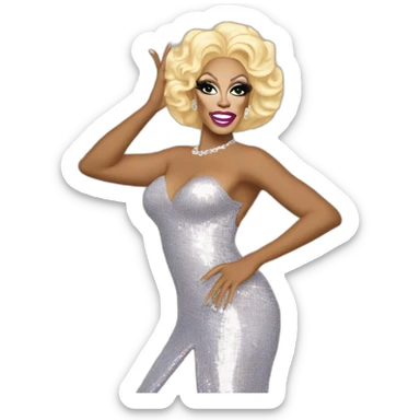 Drag queen Rupaul, blonde hair styled swept to the side. Full body, sequin dress, posed with left hand on her hip, right hand raised in the air. Iconic, legendary, victorious sticker