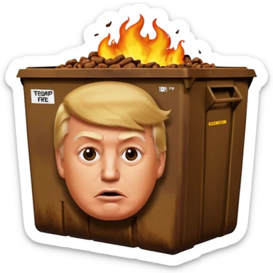 Donald Trump combined with a poop emoji, with a dumpster on fire in the background sticker