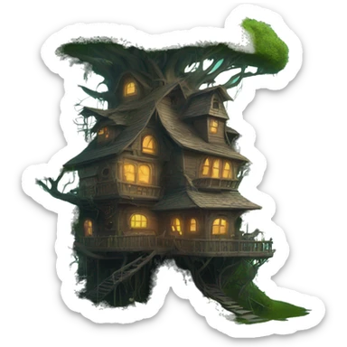 Fantasy haunted tree house in an overgrown cottage with a futuristic twist  sticker