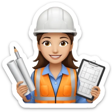 Arquitecta ojos marrones oscuros pestañas piel oliva pelo marron por los hombros sonrie casco blanco chaleco reflectante y material de dibujo técnico sticker