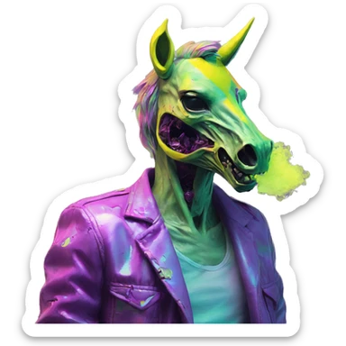 .Zombie_ Vaporwave black holographic oilslick zombie unicorn smoking yellow caution tape  sticker