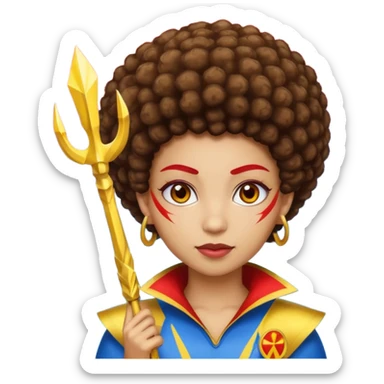 Emoji metisse femboy mais plus masculin avec drapeau ukrainien arriere plan, un afro, sourcils rouge, fourche trident, et eclairs et sur fond bleu clair irrisé. Peau lightskin, yeux marron et cheveux marron bouclés mais en mode afro pixi cut sticker