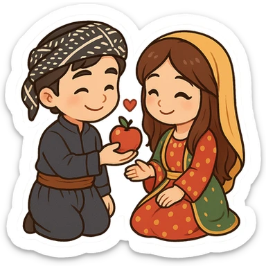 cartoon sticker of a Kurdish rural boy and girl, boy wearing traditional Kurdish clothes, girl wearing traditional Kurdish female clothes, boy giving an apple to the girl expressing love, romantic and joyful scene, no text, suitable for WhatsApp and Instagram, transparent background sticker