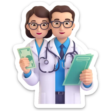a doctor with a stethoscope holding a large bill or money, looking greedy or smug, symbolizing high charges sticker