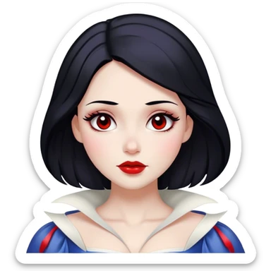 Cinematic Majestic Snow White Portrait Emoji, rendered in a clean, vector-style with bold, simplified shapes. Show Snow White with a serene, noble expression, radiant porcelain skin, and elegantly styled raven hair accented with subtle red highlights, her attire simple yet refined. The design radiates a majestic, pure glow with high shine and a soft glowing outline, embodying classic royal beauty. sticker
