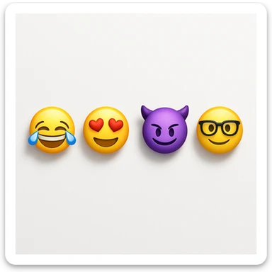 make four emojis on white background with good amount of shadow, four emojis of smiley's only. one laughing, second heart eyes, third purple devil and four black glasses emojis  sticker