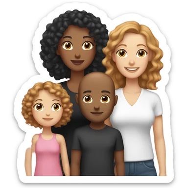 Mixed race mum with curly hair, wearing black, white dad who is bald with ginger beard and blue eyes wearing white and two daughters with tanned skin, light brown hair and wearing pink sticker