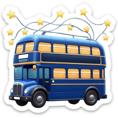 A dark blue double decker bus with cute cosy twinkle lights sticker