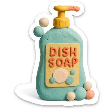 dish soap bottle in claymation style with bubbles and a playful label, pastel palette sticker