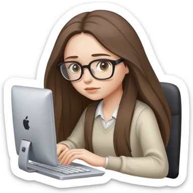 pale brunette girl with long hair wearing glasses working on computer eyes down sticker