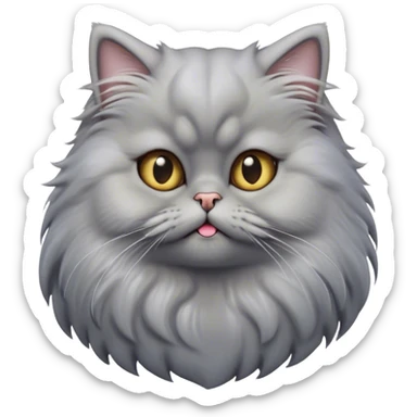Cinematic Derpy Grey Persian Cat Portrait Emoji, Head tilted playfully with an adorably awkward expression, fluffy grey fur with soft silver undertones, Simplified yet hilariously derpy features, highly detailed, glowing with a warm but slightly confused glow, high shine, a mix of lazy and clueless, stylized with a touch of whimsy, bright but with a completely derpy and grumpy face, soft glowing outline, capturing the essence of a quirky yet chubby, grumpy kitty, so endearing it feels like it could stretch out of the screen and demand attention with its wonderfully derpy charm! sticker