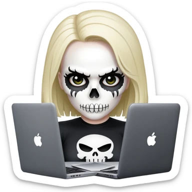 female Punisher skull with eyelashes working on a laptop sticker
