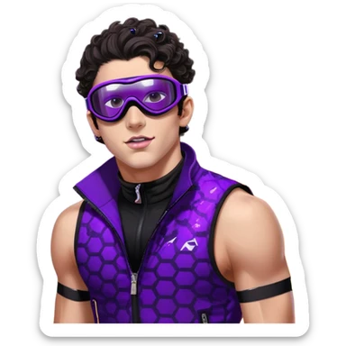 close-up of bad guy male athlete with white skin and moderately curly dark brown hair on top with shaved sides, wearing ski goggles with purple frames and very dark black lenses, a simple plain black chain necklace, and a completely unzipped sleeveless vest with purple and black sequin fire pattern design with no logo, with an extremely arrogant expression sticking his tongue out mockingly, looking menacing and villainous sticker