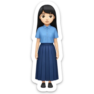 hair : black long hair with fringe 
skin : light 
cloth : oversize light blue shirt + navy long long skirt 
 sticker