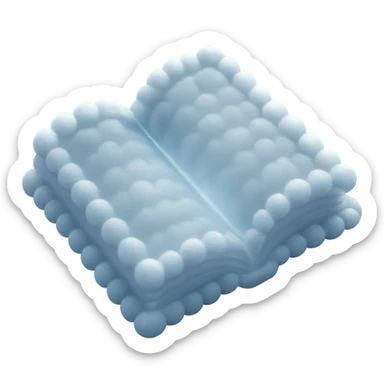 top view of a thick open book made entirely of small, very bright white fluffy convex clouds, matte glass style sticker