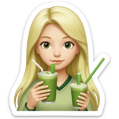 blonde luxury long hair girl with 1 drink of matcha latte and 2 straws sticker
