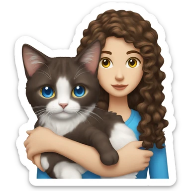 White Girl with long curly brown hair and blue eyes and dark brown cat with yellow eyes sticker