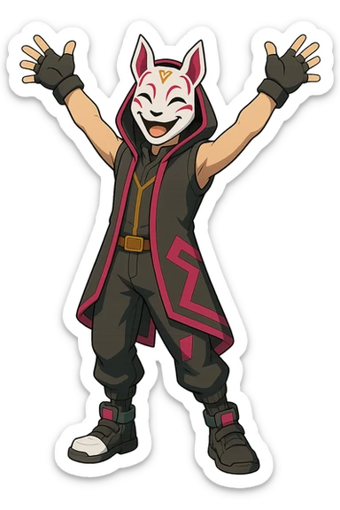 Make the Fortnite Drift skin look happy with a joyful pose and cheerful body language, keeping the stylized look, transparent background. sticker