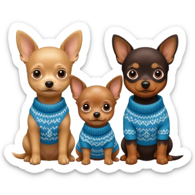 Cagnolini piccoli seduti un chiuaua un Bassotto e un Yorkshire con vestitini in maglia sticker