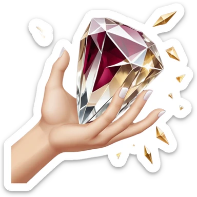 White pov hand outline gripping a shattered diamond prism, light shards projecting luxury items, deep burgundy (#4A0E27) and onyx (#000000) background with metallic gold (#FFD700) fractures, dramatic chiaroscuro lighting, edgy opulence sticker