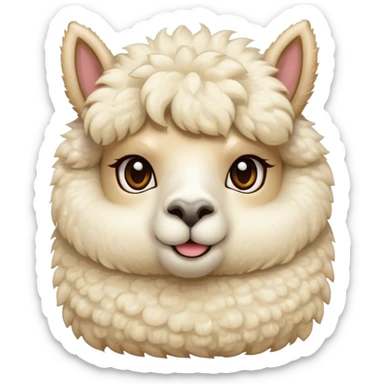 Cinematic Cute Cream Alpaca Portrait Emoji, Head tilted playfully and inquisitively, featuring a fluffy, cream fleece with a natural sheen, round, sparkling gentle eyes filled with curiosity, Simplified yet irresistibly adorable features, highly detailed, glowing with a warm, friendly glow, high shine, affectionate and gentle, stylized with a touch of whimsy, bright and endearing, soft glowing outline, capturing the essence of a mischievous yet loving alpaca, so playful it feels like it could prance out of the screen and into your arms! sticker