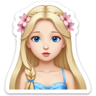 Girl with long blond hair and sakura accessories on her hair with a long tailed dress on the floor and have blue eyes beautiful finish and she sending lovely kisses  sticker