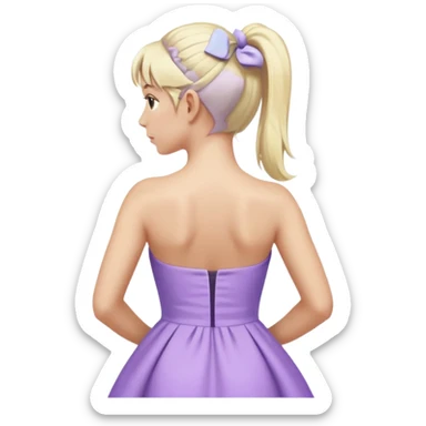 back view of a person with a high light blonde ponytail, wearing a pastel purple dress, iOS Apple emoji style sticker