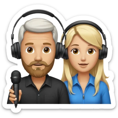 pareja hombre con barba y mujer rubia  pelo largo  charlando en streaming con auriculares sticker