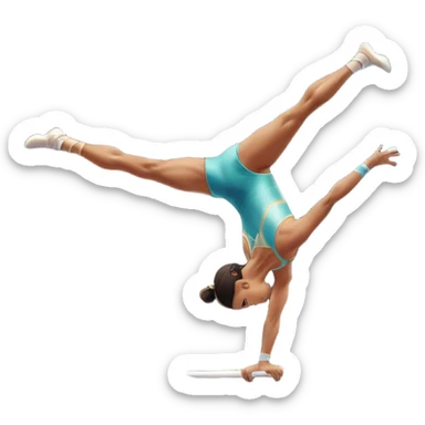 Professional gymnast performing a complex routine on parallel bars, demonstrating strength, control, and perfect balance. The gymnast is mid-air, executing a powerful move with focused concentration. The background shows a brightly lit gymnasium with a cheering audience. sticker